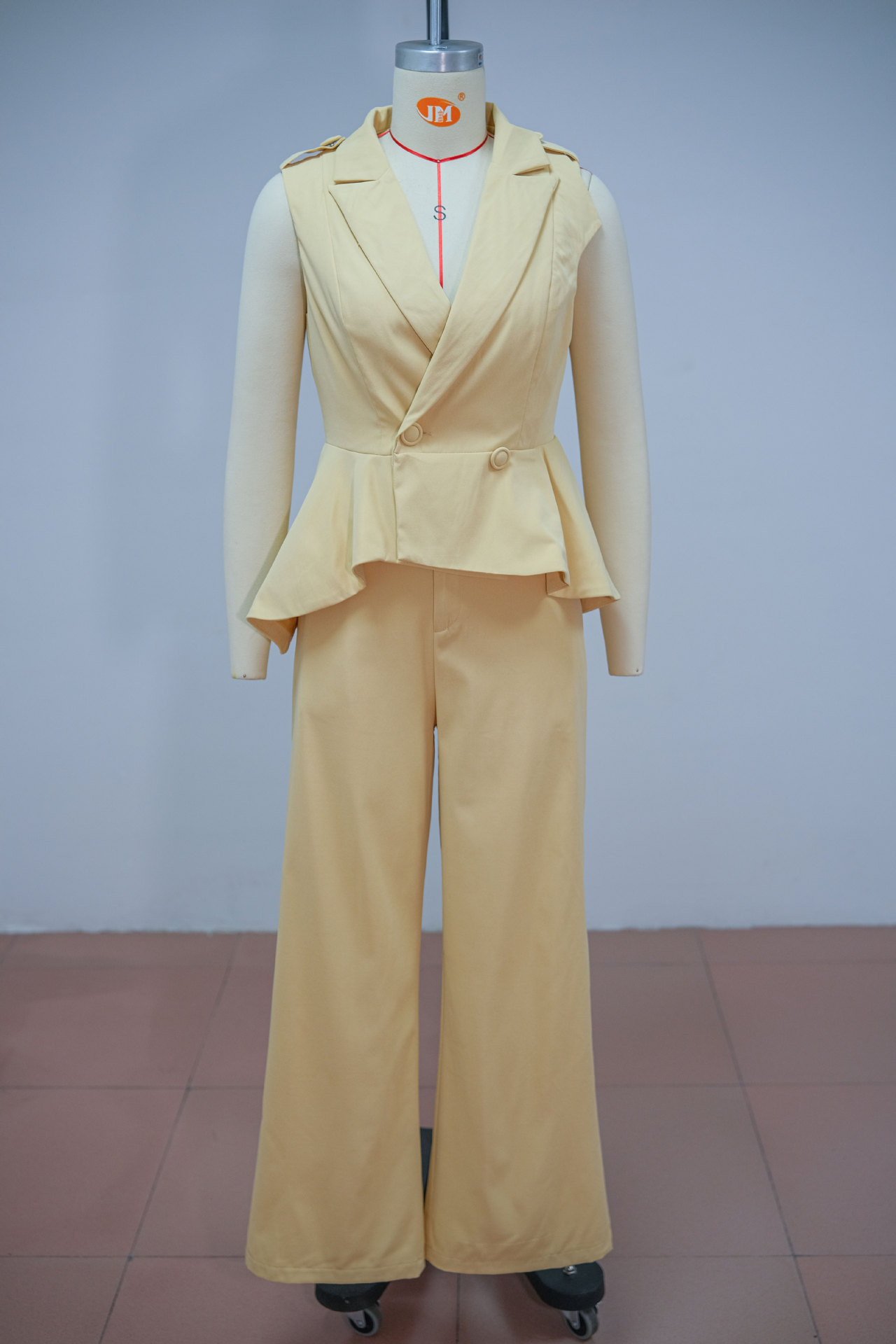 Women's Summer Fashion V Neck Button Up Ruffled Wide Leg Pants Set Solid Color American Style_ecoleips.com