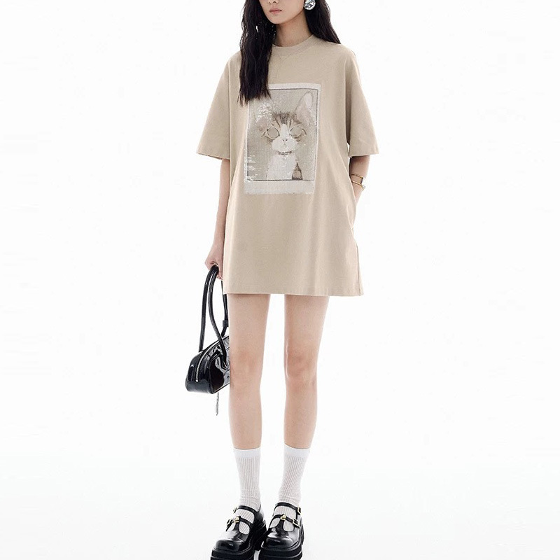 Dsu 25 New Summer Style Sequined Cat Print T-Shirt Sequined Polaroid Three-Color New Dress Women's Pattern
