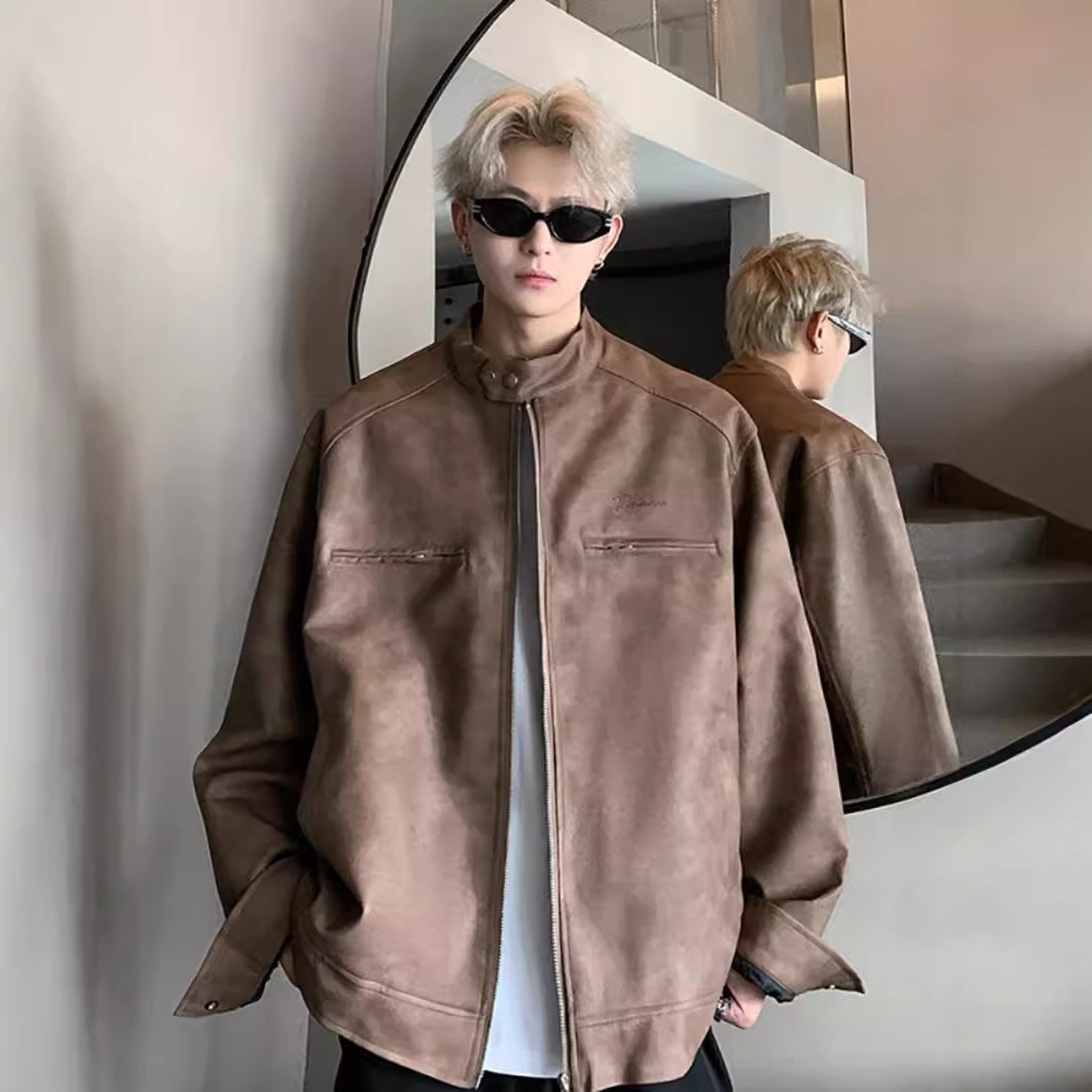 皮衣外套男2024春秋季新款美式复古潮牌百搭拉链绣花痞帅宽松夹克