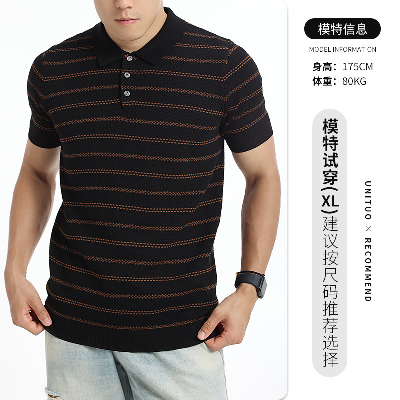 Europa y los Estados Unidos transfronterizos hombres rayas hielo tejido polo camiseta de manga corta de negocios casual alto sentido camiseta de Paul camiseta superior