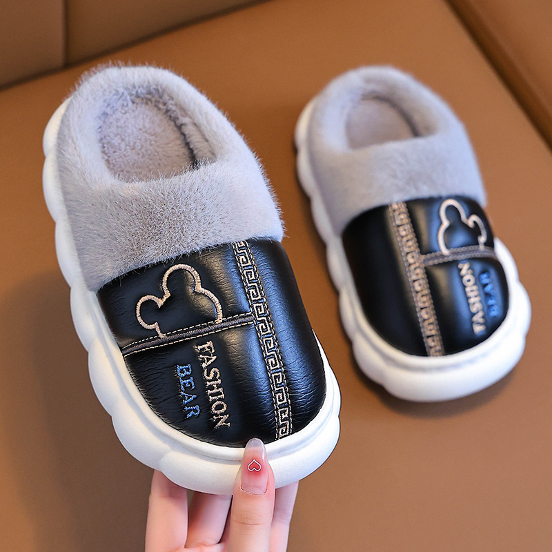 Children's Slippers Winter Cartoon Warm Plus Velvet Thickened Pu Leather Waterproof Non-Slip Male and Female Baby Cotton Shoes