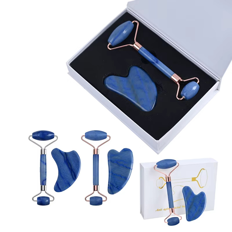 Grenzüberschreitender Lagerbestand Blauer Dongling-Jade-Roller Gua Sha Board Manueller Kugelmassagegerät Gesichts-Meridian-Massagegerät