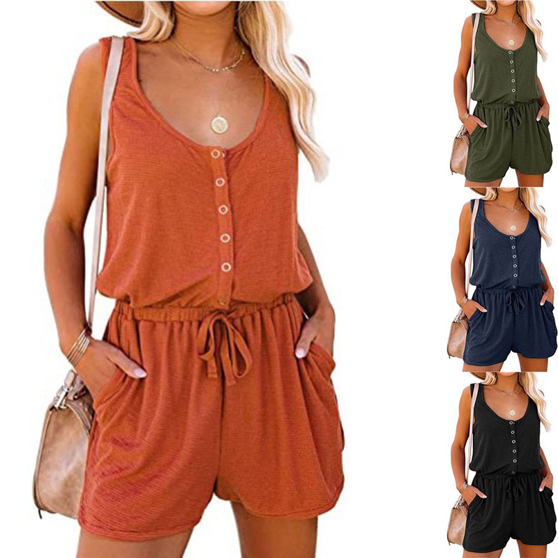 Summer New Cross-Border Style Sleeveless Jumpsuit with Waist Tie, Casual Loose Wide-Leg Shorts, High Waist