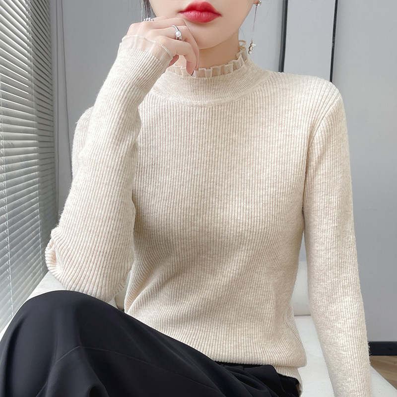 Knitted sweater 2023 sweet bottoming women's semi-slim-fit gentle new turtleneck sweater lace autumn and winter shirt