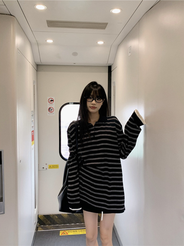 专属条纹撞色polo领长袖上衣女夏季新款韩系气质设计感百搭防晒衫|undefined