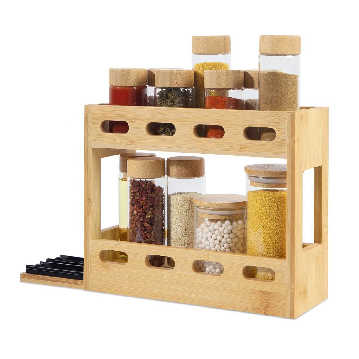 Wooden kitchen spice rack creative countertop display rack double layer seasoning storage rack bamboo wood finishing rack