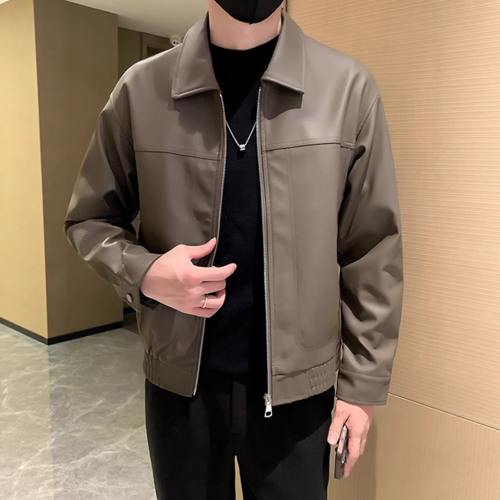 Spring and Autumn Stylish Biker Leather Jacket New Men's Trendy Casual Simple Solid Color Short Leather Coat