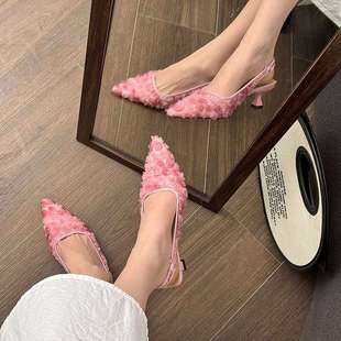 Summer New Flower High Heels, Medium Stiletto Heels, Pointed Toes, Breathable Mesh Fairy Style with Skirts, French Toe Sandals