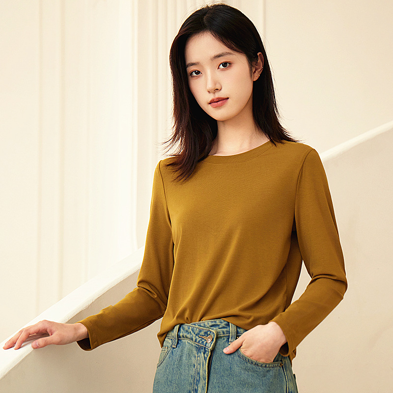 2024新款秋冬韩系内搭外穿高弹修身纯色圆领长袖女士打底衫批发