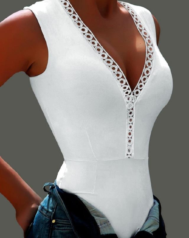 Women's Clothing hot style white V neck sleeveless sexy tight jumpsuit_ecoleips.com