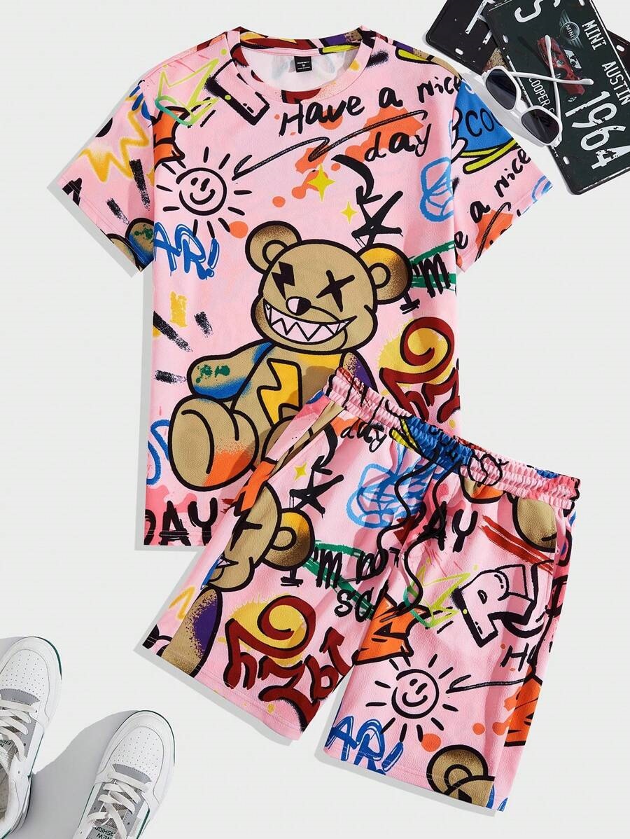 Tendencia colorido graffiti 3D estampado spot traje de hombre camiseta traje de hombre cuello redondo pantalones cortos con cordón de manga corta