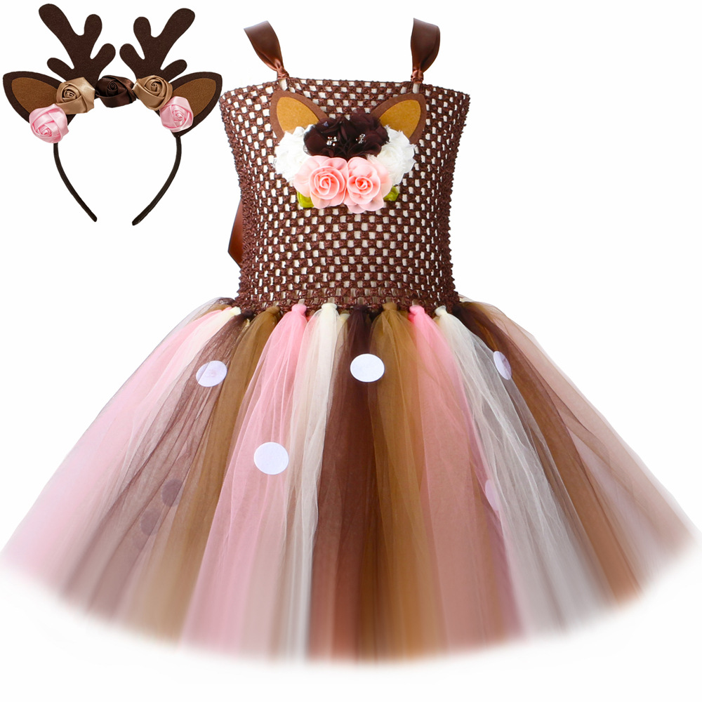 Navidad cervatillo niña vestido de malla flor alce tutu vestido de fiesta para niños vestido de princesa comercio exterior