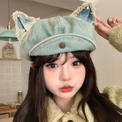 日系新款翻檐猫耳帽子女水洗做旧八角帽百搭贝雷帽可爱牛仔报童帽