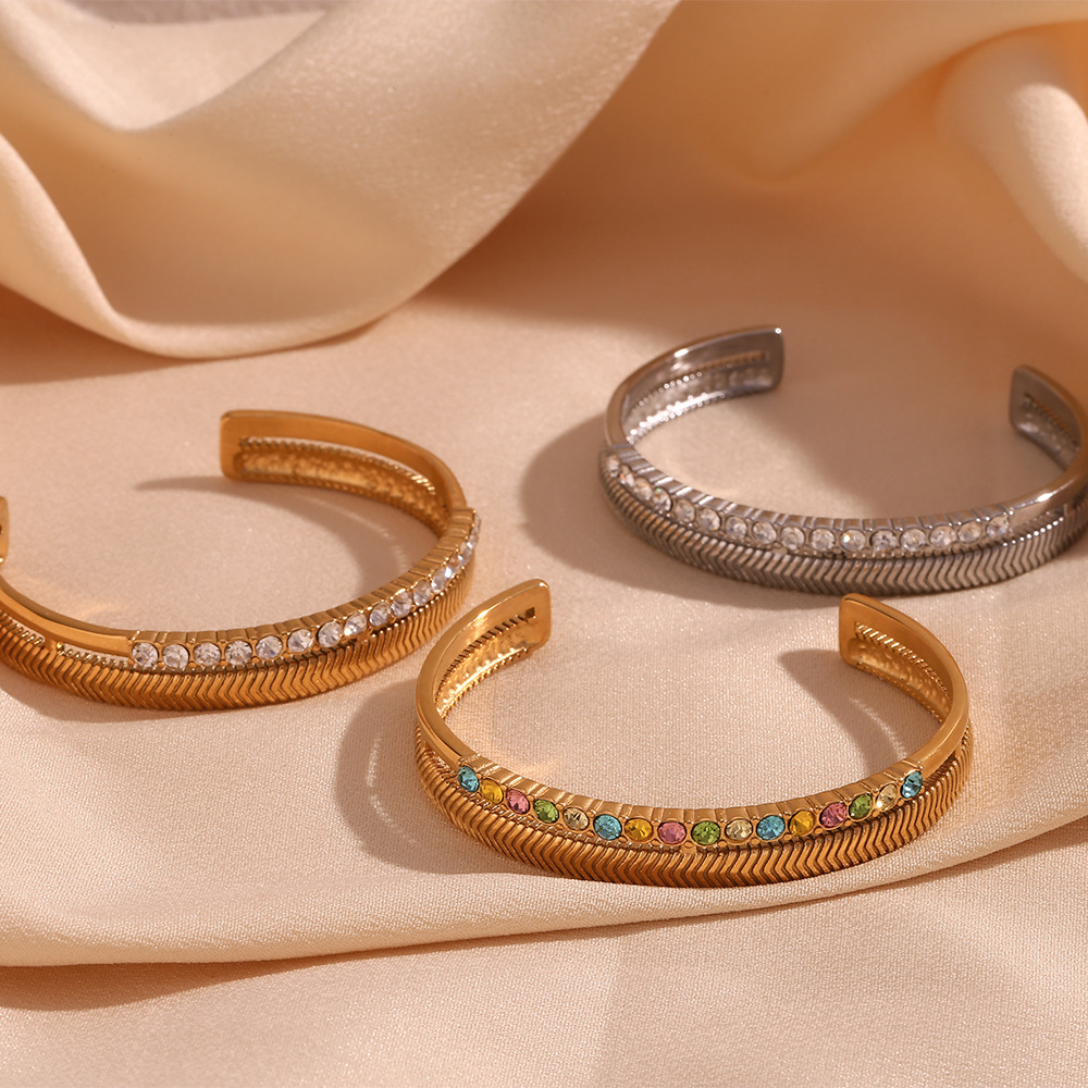 Zircon Inlaid Double Fishbone Open Stainless Steel Bracelet