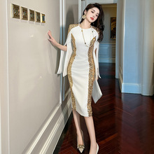 主持人宴会晚礼服裙2025秋装新款通勤气质亮片修身连衣裙女50495