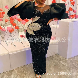 亚马逊欧美外贸春秋款热卖高腰裹胸款长裙气质通勤亮片刺绣连衣裙