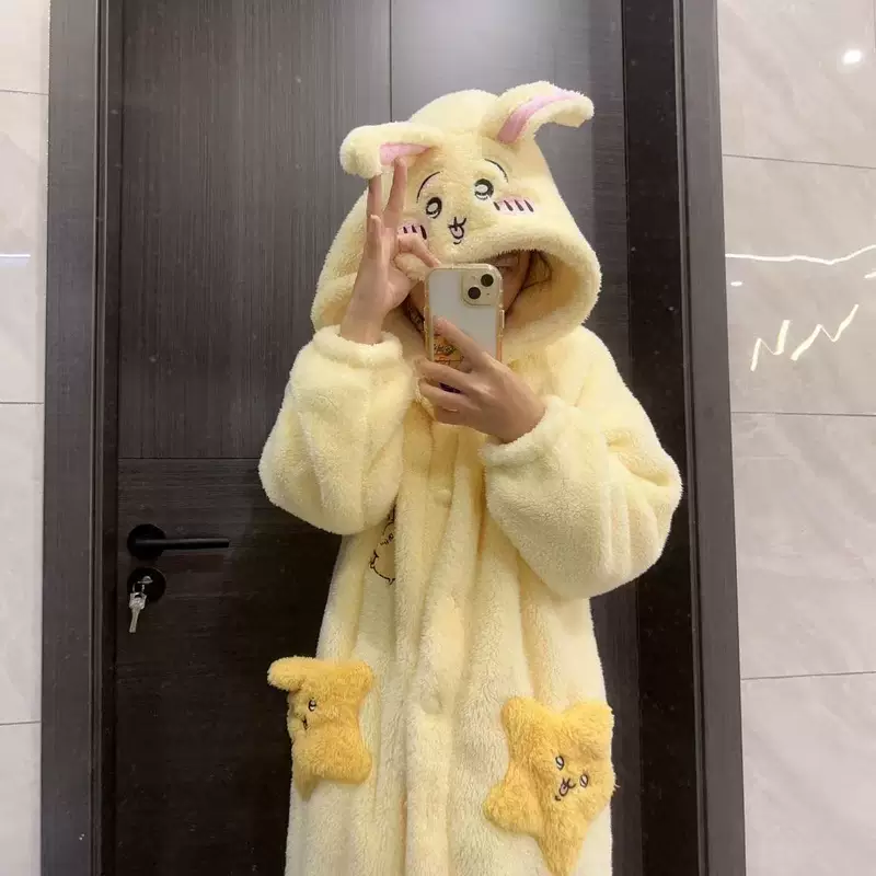 Коралловый бархатный тёплый костюм, тёплая милая пижама, халат, большой размер