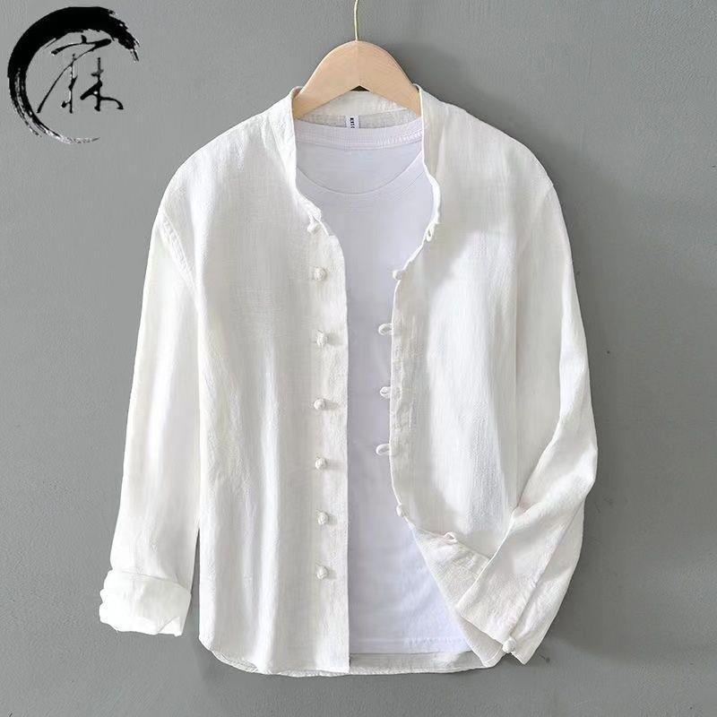 Camisa de manga larga casual de algodón y lino de gran tamaño con hebilla de disco de estilo chino para hombre Camisa de lino suelta con cuello alto de ramio de marea nacional retro para hombre