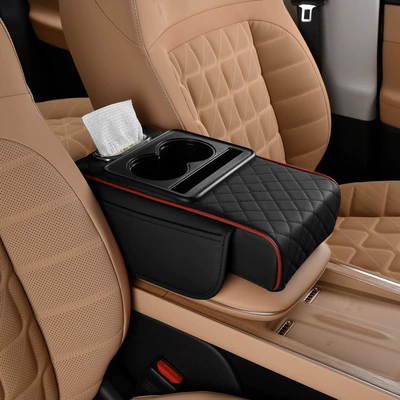 PU leather car central armrest box Armrest box - black-and-red-line-with-paper-towel