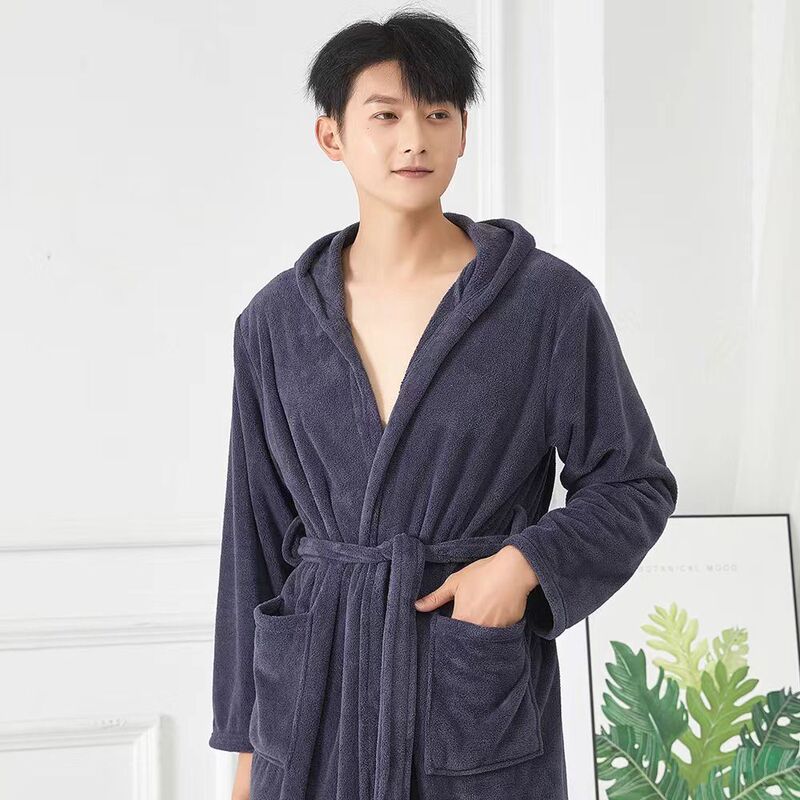 Men's and Women's Couple Hooded Bathrobe Solid Color plus size Hooded Nightgown Exlongation Fat Autumn and Winter Home Suit Soft Bathrobe Men's and Women's Couple Hooded Bathrobe Solid Color plus size Hooded Nightgown Exlongation Fat Autumn and Winter Home Suit Soft Bathrobe