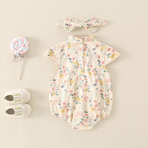 0-2 years old baby thin summer 2024 new girl baby retro floral cheongsam with headband for outdoor wear