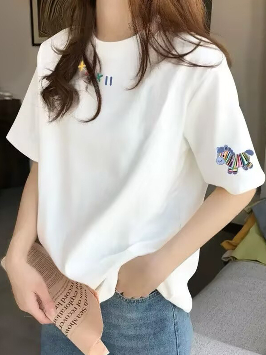 Pure Cotton Pony Print Short-Sleeved T-Shirt for Women, Summer Plus Size 100kg Loose-Fitting New Design Stylish Shirt Top