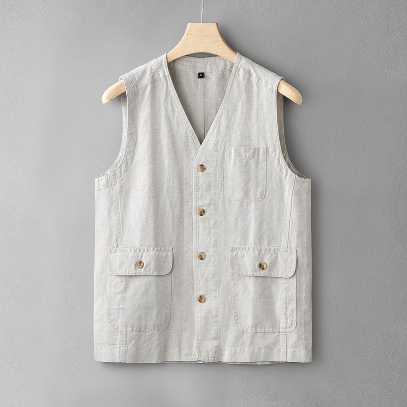 New Style Linen Vest Men's Loose plus size Japanese Style Linen Cotton Casual Vest Fashionable Top for Youth V-neck Sleeveless
