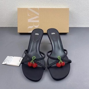 ZAR 2024 Summer New Arrival Black Fashion Rhinestone Pendant Ornament Sexy Open Toe Sandals and Slippers