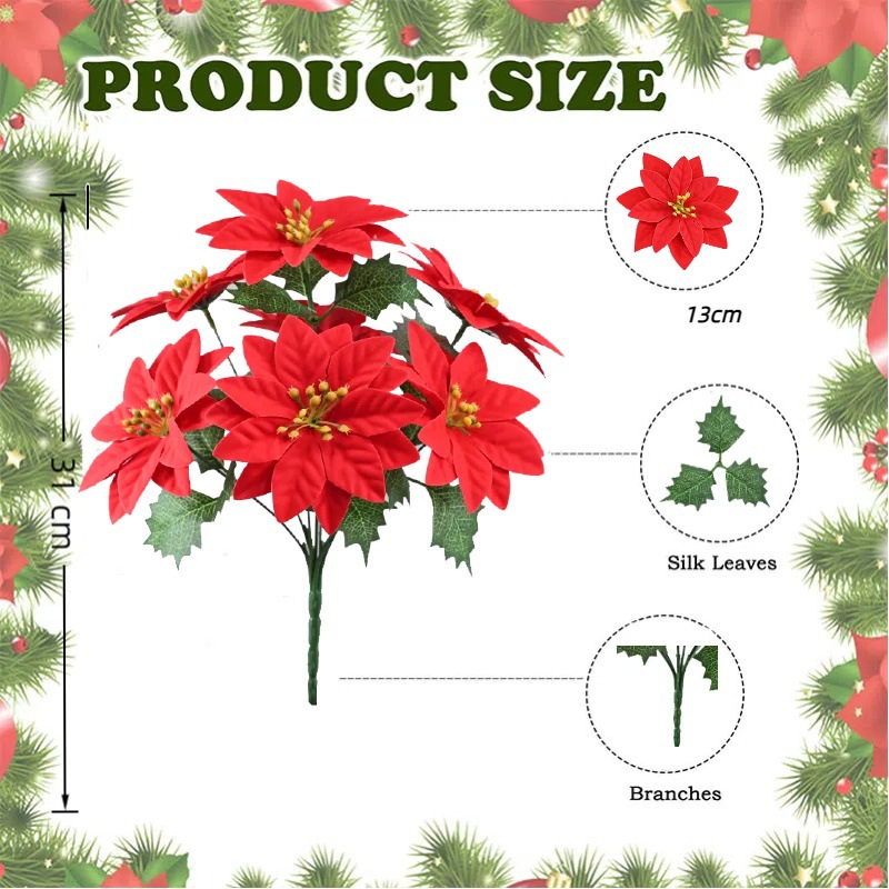 Simulación de flores de Navidad de 7 dientes, decoración de Navidad de flores falsas, actividades de vacaciones, artículos de boda en venta caliente