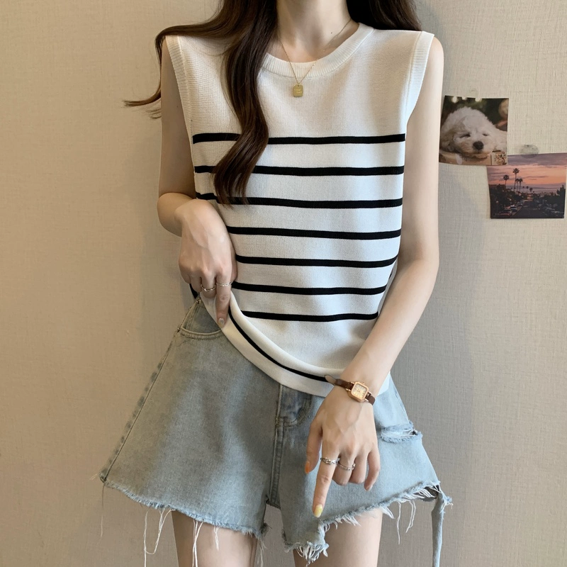 Вязаная футболка без рукавов из ледяного шелка, женская летняя футболка большого размера, утягивающий жилет в полоску, закрывающий живот, модная рубашка