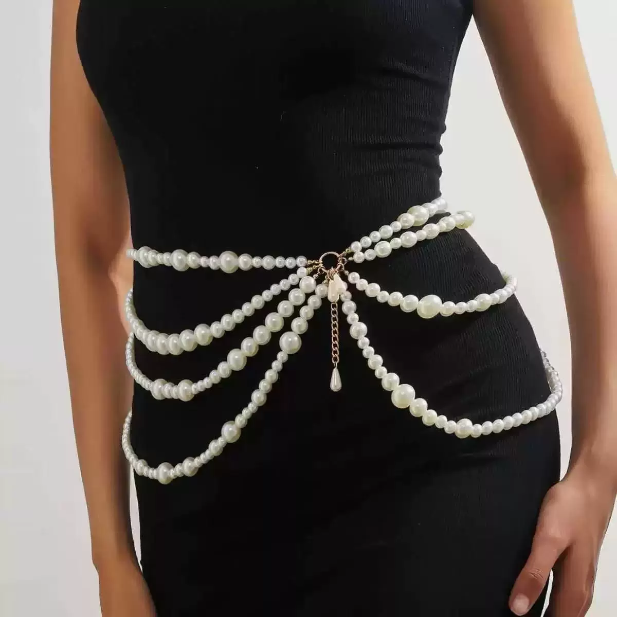 欧美waist chain粗细各异珍珠相接多层流苏侧摆链腰链腰饰an6206
