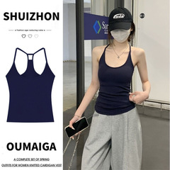 ベスト女性夏美背ギャル純欲風ストラップ胸パッド工字背純色ベスト運動
