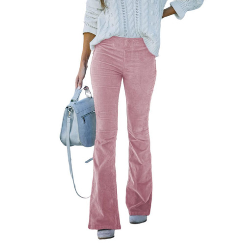Summer and Autumn Women's Solid Color High-Waisted Tapered Relaxed Flared Corduroy Elastic Waist Casual Pants