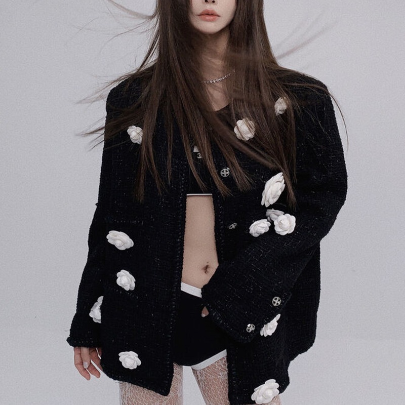 Black Contrasting Camellia Embossed Tweed Short Jacket for Women, High-End Stereo Flower Braided Single-Breasted Top