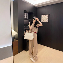 25春季新款 韩版慵懒风圆领套头针织短袖+松紧腰休闲裤套装女款