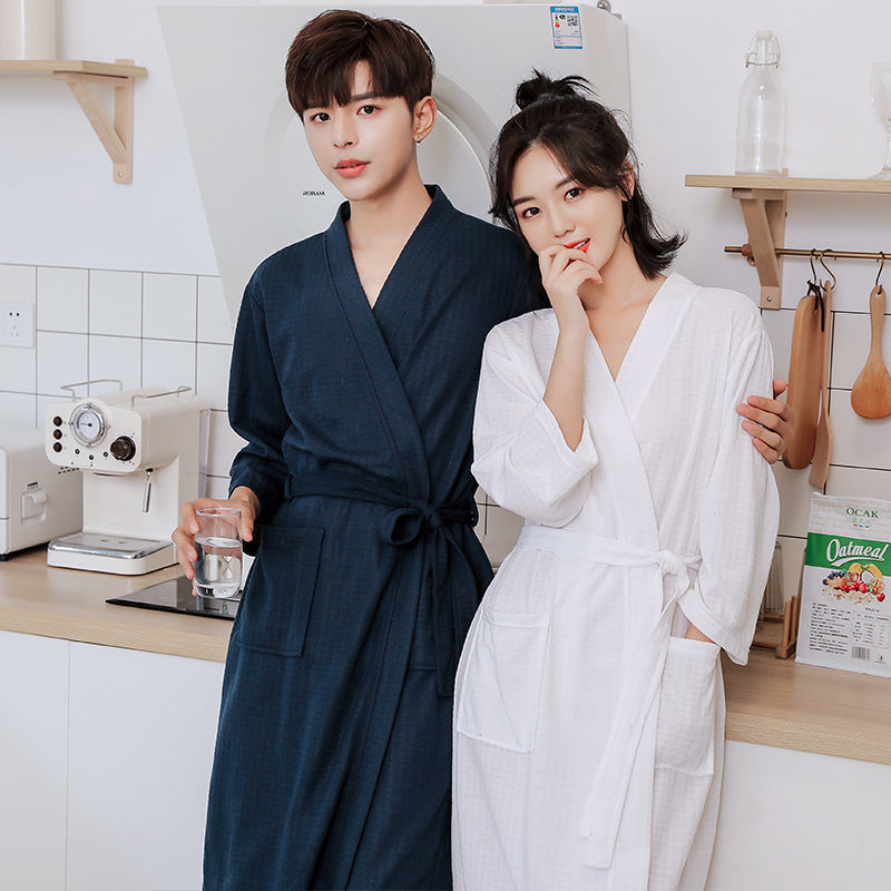 Couple Bathrobe Women's Long Spring and Autumn Thin 100 Cotton Men's Plus Size Hotel Nightgown Women's Pajamas