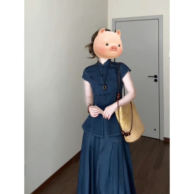 新中式复古牛仔套装女夏减龄立领盘扣上衣百褶宽松半身裙|undefined