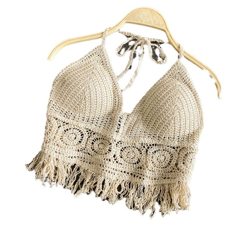 Bra top / knitted crop tank with cups and straps, backless, embroidered trim, one size