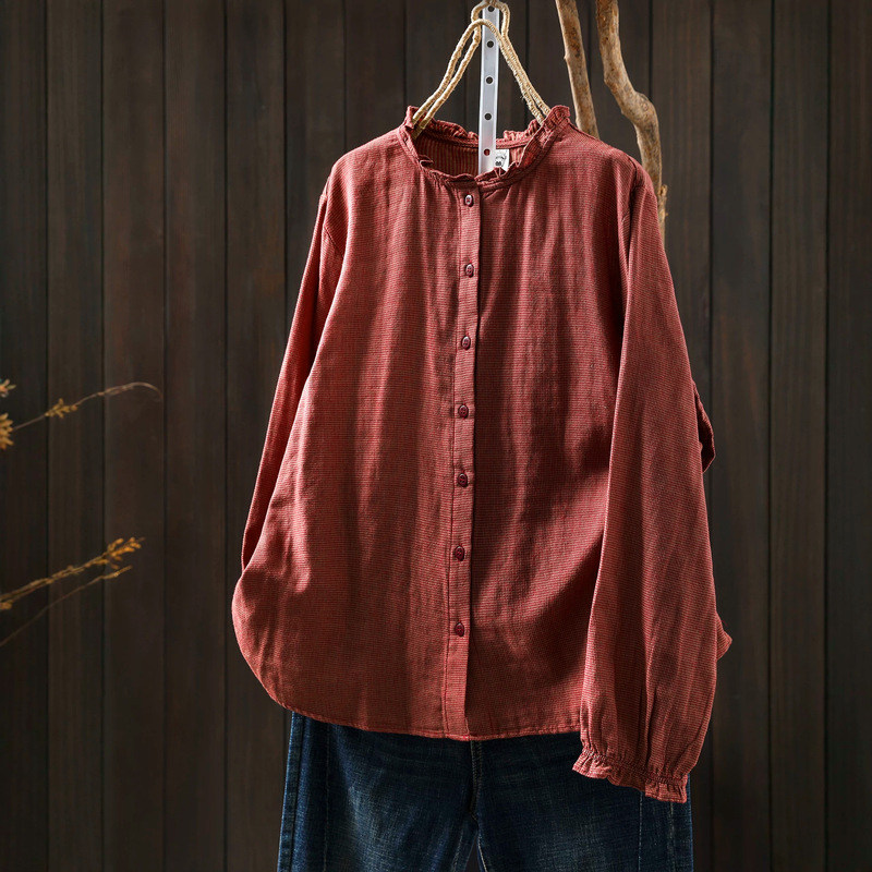 Plaid Shirt Women's 2025 New Autumn Double-Layer Cotton Gauze Collar Loose Age-Reducing Versatile Long-Sleeved Shirt Plaid Shirt Women's 2025 New Autumn Double-Layer Cotton Gauze Collar Loose Age-Reducing Versatile Long-Sleeved Shirt