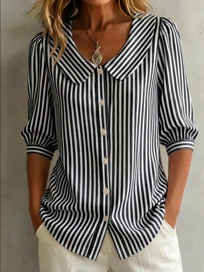 Women's Classic Stripe Summer Shirt Breathable Casual Long Sleeve Top Versatile Office And Weekend Wear_ecoleips.com