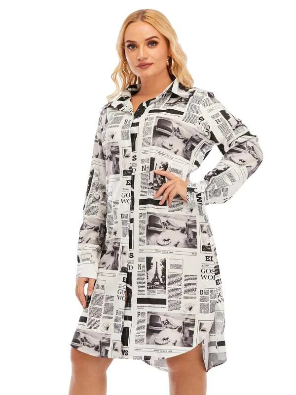 plus size newspaper printed long-sleeved shirt dress nihaostyles clothing wholesale NSCX84792