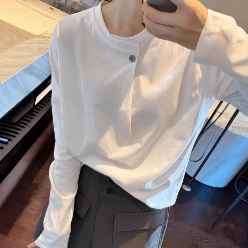 South Korea 100% cotton ~ inside and outside wear must buy a button design solid color white long sleeve commuter white T-shirt women's new