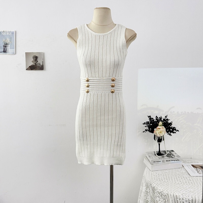 Korean-style elegant lady Balmain sweet and sexy hollow-out ice silk tank dress for petite women, bodycon dress