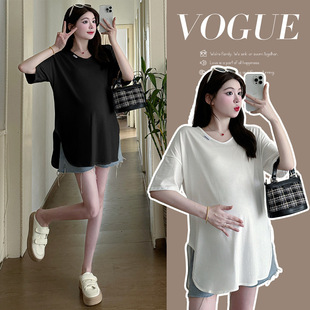 Maternity Summer 2025 New Fashion Korean Loose V-neck T-shirt Short Sleeve Mid-length Loose Summer Top