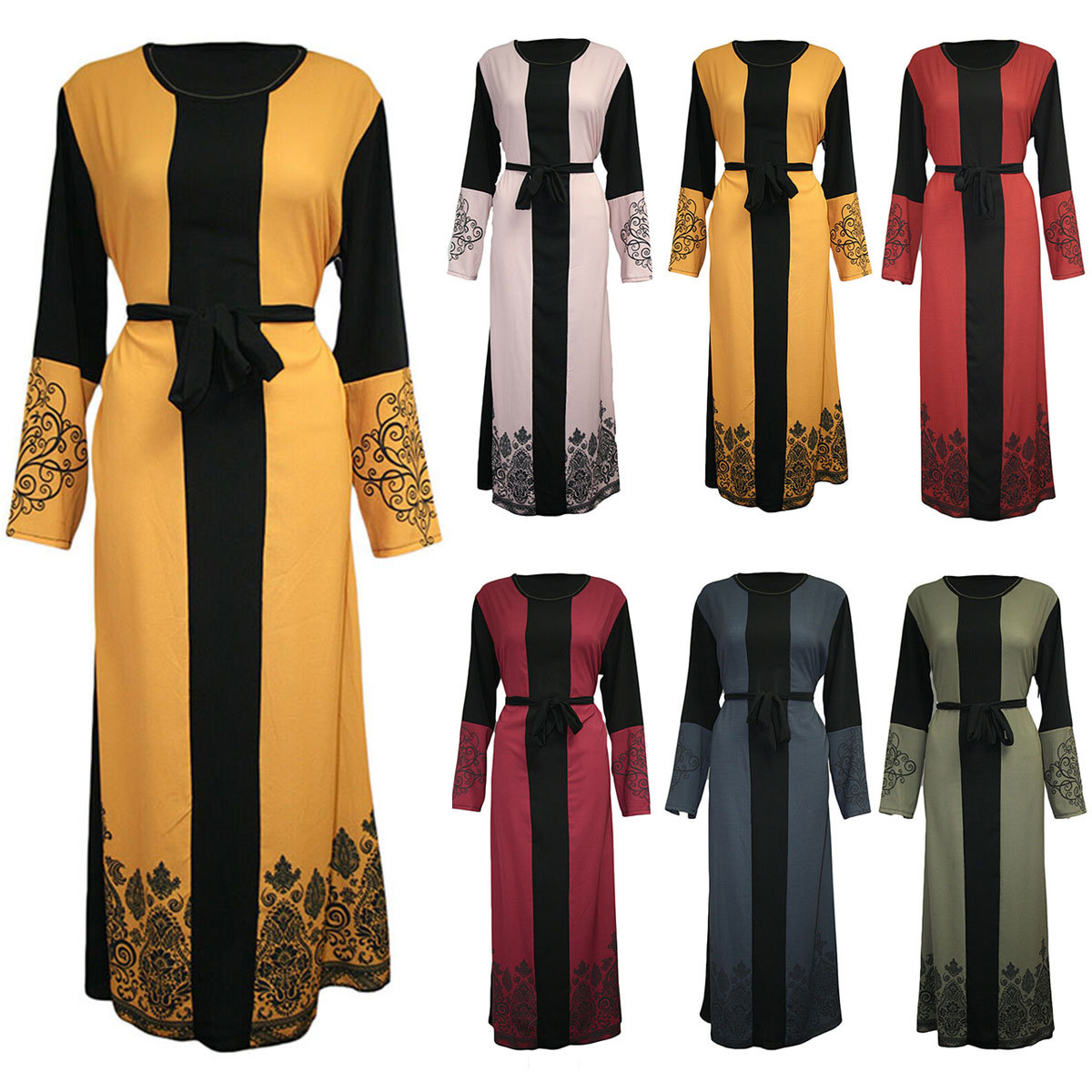 Elegant Print Maxi Dress For Women With Contrast Belt Long Sleeve Wrap Office And Evening Wear S-XL Tri Blend_ecoleips.com