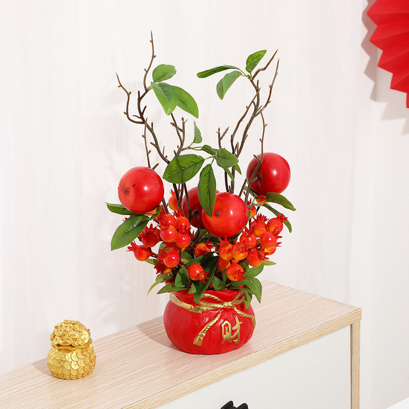 創意的なお祝いの福袋の花瓶のお正月の花のシミュレーションの花の金持ちになるザクロの果実の置物の新春の家の装飾の抱っこの桶|undefined