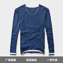 春秋男装纯棉长袖T恤V领修身纯色打底衫休闲衫男T2026新款男士T恤