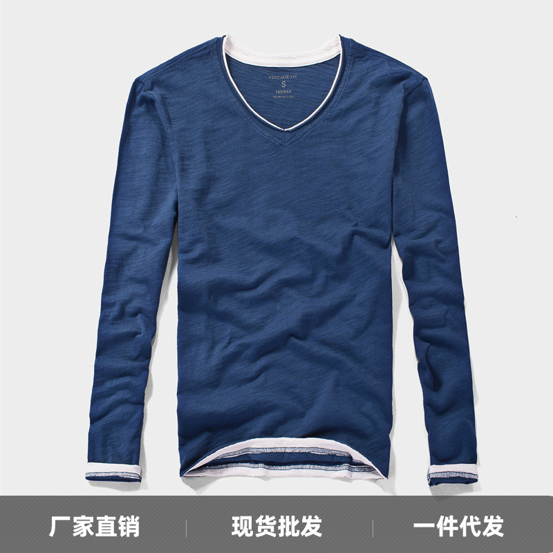 春秋男装纯棉长袖T恤V领修身纯色打底衫休闲衫男T2026新款男士T恤