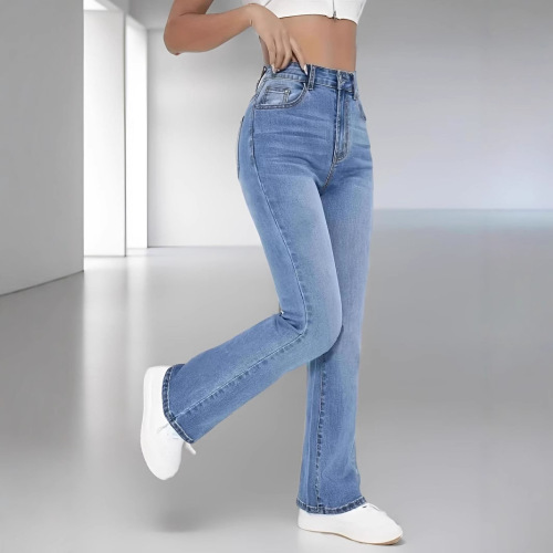 2025 Women's High-Waisted European-Style Straight Leg Light Blue Denim Jeans for Women, Slim-Fitting and Figure-Shaping Trendy Pants