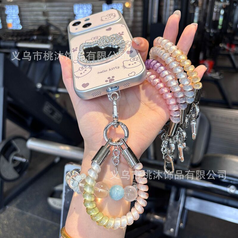 Pearlescent Colorful Gradient Phone Cord Short Mobile Phone Lanyard Anti-Loss Elastic Ring Mobile Phone Hanging Chain Accessory